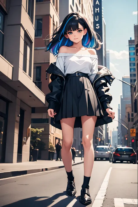 1girl, black_skirt, blue_hair, building, city, cityscape, hair_between_eyes, jacket, looking_at_viewer, medium_hair, multicolore...