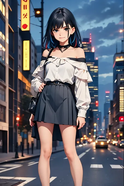 1girl, black_skirt, blue_hair, building, city, cityscape, hair_between_eyes, jacket, looking_at_viewer, medium_hair, multicolore...