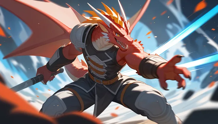 top quality, High quality illustrations((masterpiece))depth of field, Motion blur, absurdities, perfect anatomy, Magnificent image of kemono fighting fierce battles., kemono, 1 chico, Focus only, the second((dramatic))epic, weapon, dynamic pose, a scene of...