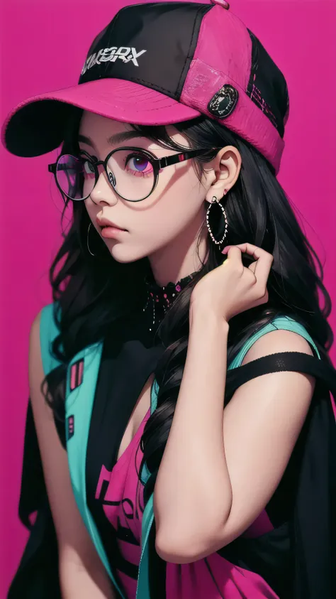 masterpiece,best quality,1man,saibo,cyberpunk,hat,earrings,glasses,simple background,magenta background,pearls and jewels,