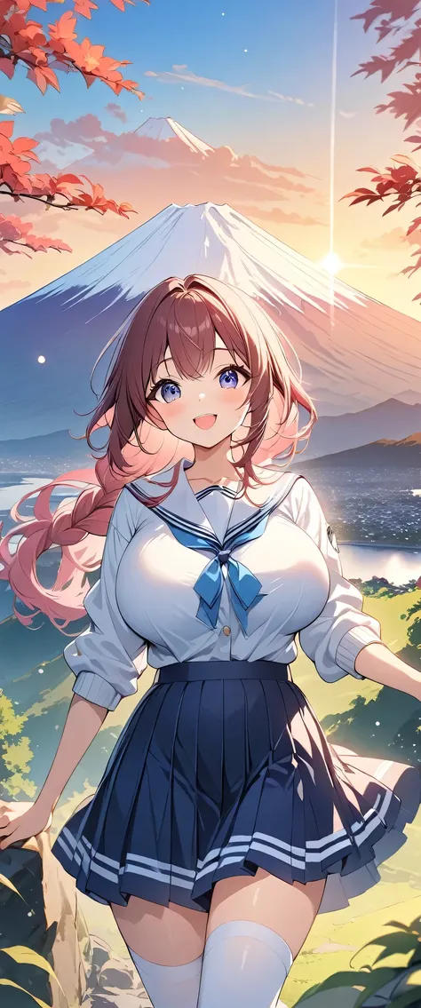 Highest quality、High resolution、Detailed Background、(Beautiful face in every detail:1.4)、Highly detailed face、Detailed eyes、Teenage beauty、(Huge breasts:1.2)、Perfect body line、Braided Ponytail、well-groomed eyebrows、Shiny dark colored sailor suit、White sail...