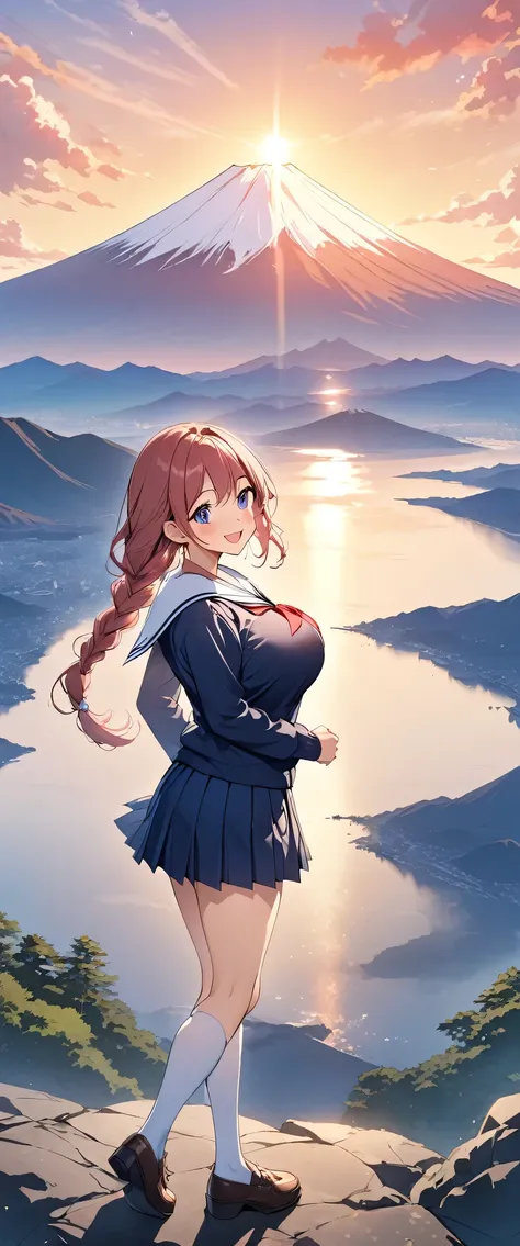 Highest quality、High resolution、Detailed Background、(Beautiful face in every detail:1.4)、Highly detailed face、Detailed eyes、Teenage beauty、(Huge breasts:1.2)、Perfect body line、Braided Ponytail、well-groomed eyebrows、Shiny dark colored sailor suit、White sail...