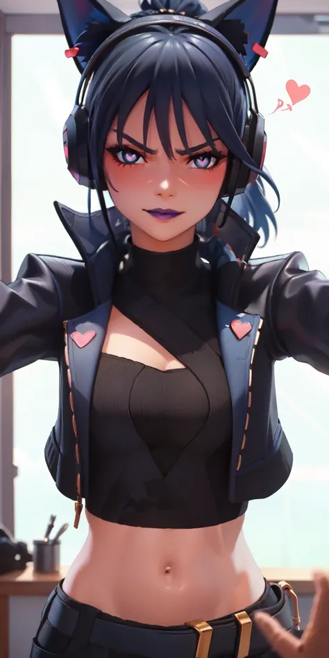 1girl, heart-shaped pupils, heart-shaped_pupils, blue hair, ponytail, short hair, blue eyes, eyeshadow, (blush:1.1),upper body,heart, (speed lines:1.1),medium breasts, love, heart, black jacket, jacket crop top, navel, cat ears headphones, black crop top, ...