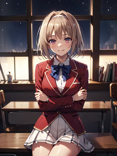 masterpiece, vibrant colours, best quality, detailed, highres, absurdres, score_9, score_8_up, score_7_up, aakikyo, short hair, hair intakes, white hairband, blue bowtie, collared shirt, blazer, red jacket, long sleeves, white skirt, pleated skirt, black s...
