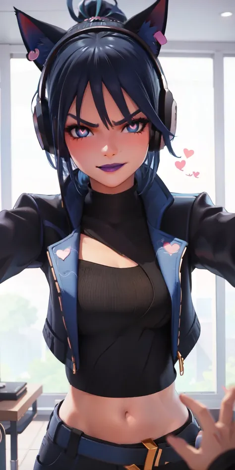 1girl, heart-shaped pupils, heart-shaped_pupils, blue hair, ponytail, short hair, blue eyes, eyeshadow, (blush:1.1),upper body,heart, (speed lines:1.1),medium breasts, love, heart, black jacket, jacket crop top, navel, cat ears headphones, black crop top, ...