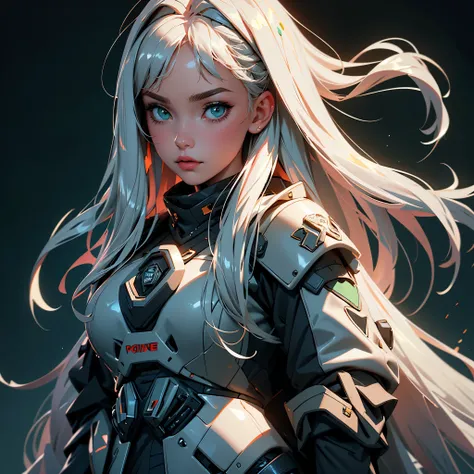 envision a 8k, highres, cinematic, beautiful extreme close up face Pinup of a sexy soft woman with a slender plump body, strong face, long silver hair, long bangs, green eyes, Riot Vest, police gear, Military Dress, Tech Accessories, pale skin, ((((1girl))...