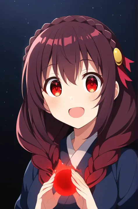 alone, One person, Yunyun, (Mouth open)、 (Surprised expression:1.8)、Crown braids of the same color as your hair, (Glowing red eyes:1.8)、(eyes shine red:1.8)、hair ornaments,(Blue kimono and red obi、Milky Way and Starry Sky、(Eyes glowing red in the darkness:...