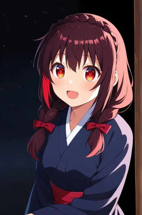 alone, One person, Yunyun, (Mouth open)、 (Surprised expression:1.8)、Crown braids of the same color as your hair, (Glowing red eyes:1.8)、(eyes shine red:1.8)、hair ornaments,(Blue kimono and red obi、Milky Way and Starry Sky、(Eyes glowing red in the darkness:...