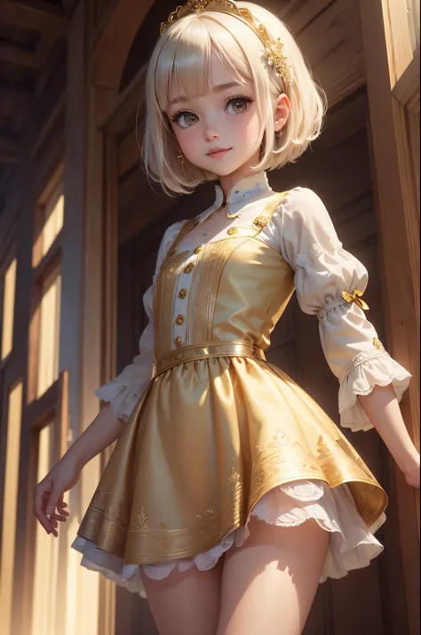 ((masterpiece, best quality, ultra-detailed, high resolution, extremely detailed CG, super detailed, Most beautiful clean lighting)), 1girl, small girl, under 12, cute girl, pretty face, smile, white skin, Beautiful gold hair, hair cut in a row, bob cut, s...