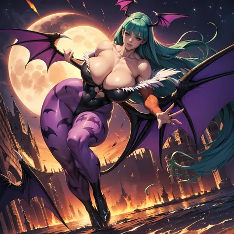 (Full Body), Morrigan Aensland in an Erotic pose, Long Legs, Massive Female Bodybuilder:1.3, (huge breasts:1.4), attractive expression, golden glowing eyes, dark eyeshadow, moonlight, symmetrical, (Dutch angle)