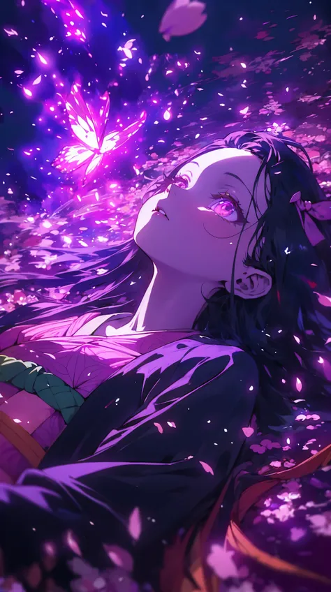 nezuko kamado liying on her back surrounded by a purple glowing light, with a same color reflected in her eyes. .sakura petals float around her, and the background depicts a night scane. she has a long hair, wears a kimono, and a mythical butterfly hovers ...