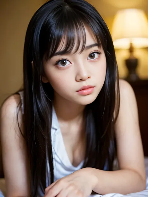 (Best-quality, Masterpiece, Ultra-High-Resolution, (Photorealistic:1.4), Raw Photo, depth of field, professional lighting, perfect anatomy, extremely details), 1girl, 15-years-old, the most famous Japanese-idol, in hotel-room, ((completely-drunk):1.3), (((...