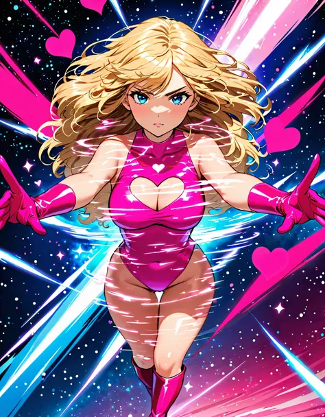 (masterpiece), (best quality), (high res), 1girl, solo, solo focus. (leotard, matching leotard, solid pink leotard, sleeveless), (cleavage heart cutout), (bare legs). pink gloves. pink footwear, knee boots, matching boots. looking at the viewer, space back...