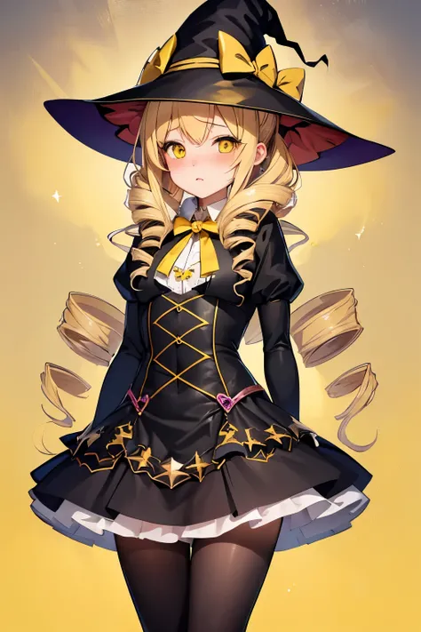 (Highest quality:1.2),  alone, One woman, Tomomi, blonde hair, drill hair, twin drills, (yellow eyes:1.3)、(blush:1.1), Embarrassing, View your viewers, ((Witch&#39;s Clothes))、((mini skirt))、((((Panty stocking))))、((Photo from below))、((boots))