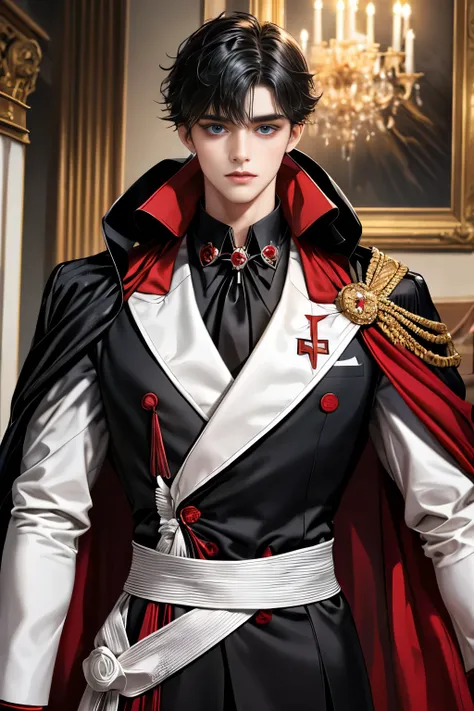 masterpiece, 最high quality, high quality, 1 boy, alone, Male focus, Upper Body,Watching the audience, Messy black hair, Adorable big blue eyes, White, Noble, Noble,A black and red cape that is bursting with sexy volume、Tuxedo、A very voluminous, large, very...