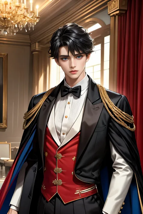 masterpiece, 最high quality, high quality, 1 boy, alone, Male focus, Upper Body,Watching the audience, Messy black hair, Adorable big blue eyes, White, Noble, Noble,A black and red cape that is bursting with sexy volume、Tuxedo、A very voluminous, large, very...
