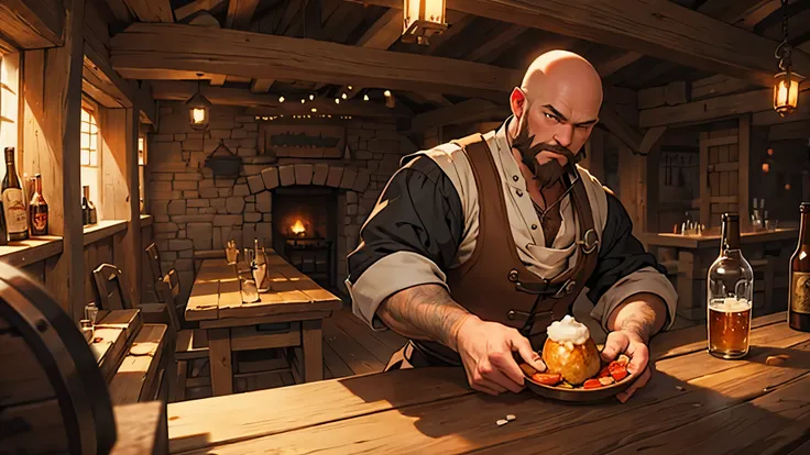 Bald Dwarf Tavern Master With THICK red beard working in a medieval tavern, serving ale