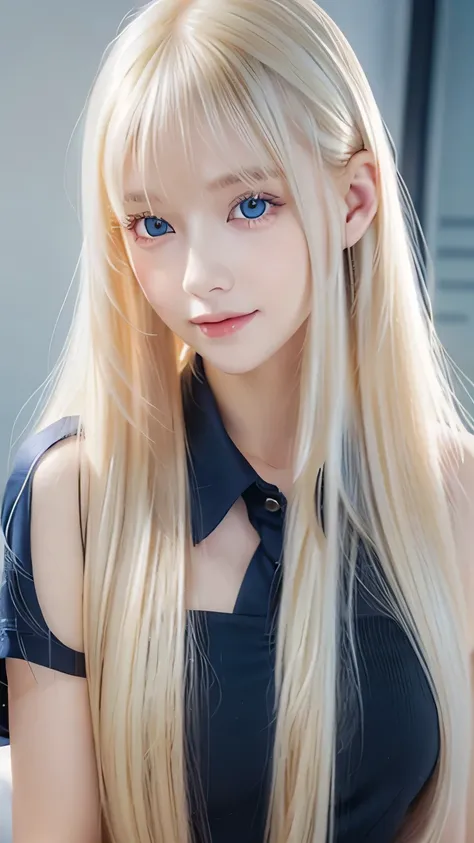 Portrait、School uniform、Bright expression、ponytail、Young, lustrous, glowing, white skin、The best beauty、Blonde reflection、Platinum blonde hair with dazzling highlights、Shiny bright hair,、super long silky super long straight hair、Shiny beautiful bangs、Spark...