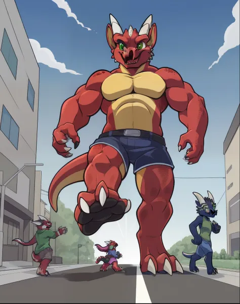 antropo, macho, ((macrokobold)), ((macrokobold stomping on a street)), nu, patas, uma pata