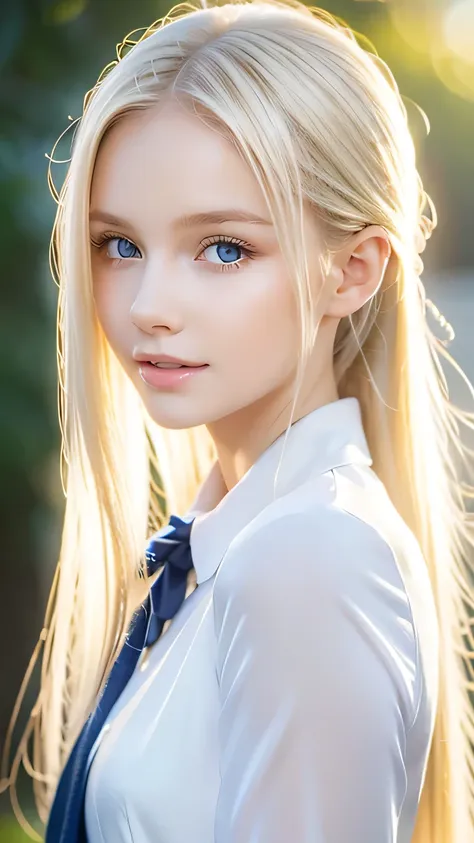 portrait、school uniform、bright expression、ponytail、young, lustrous, glowing, white skin、the best beauty、blonde reflection、platin...