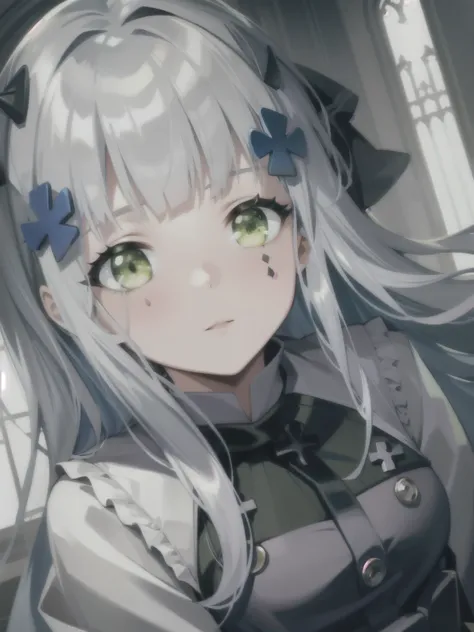 masterpiece, best quality, ultra-detailed, 1girl, solo, solo focus, hk416mod, 416face, white hair, green eyes, gothic architectu...