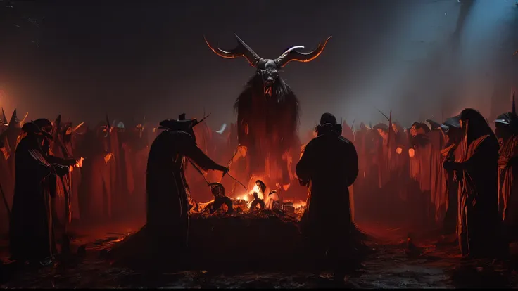 (masterpiece, best quality:1.2), demonic ritual, men cutting animal, uhd, hdr, 8k, ultra-wide angle, award winning