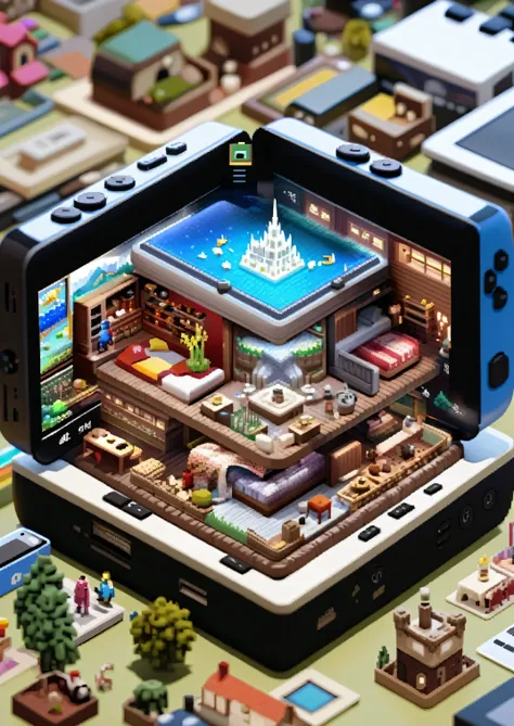 8k ultra high definition house model in miniature , in handheld game consoles, Pixels make up a virtual kingdom,Digital characters embark on an epic adventure. , Very detailed, photomicrograph, Photo realism