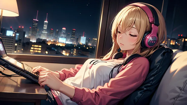 Girl with headphones enjoying music in a home I am studying Emphasize a little bit of the big chest Look this way and close your eyes. Night Background