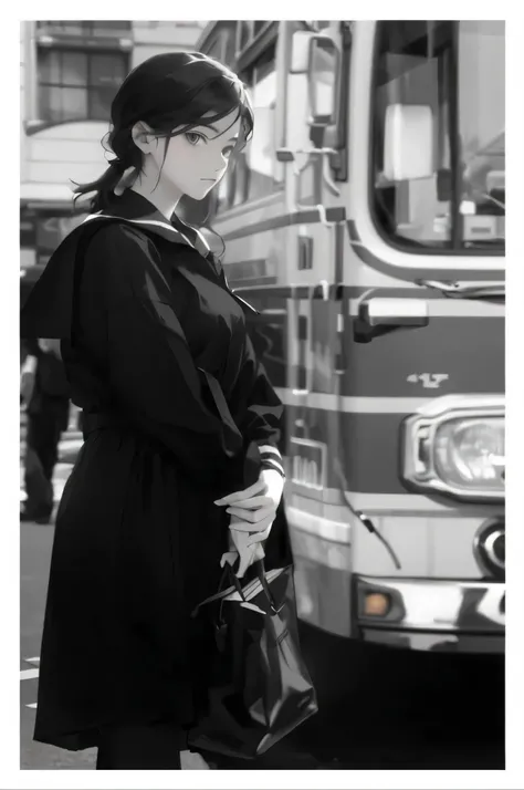 Beautiful school girl standing in front of a bus on a city street,He is wearing a black shirt with a white collar and is holding a bag in his hand.... 