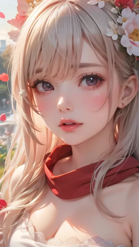 Vista, panoramic, view, Depth of Field, broken, Upper Body, Movie Angle, masterpiece, best quality, Very detailed, CG, 8k wallpaper, Pretty Face, Exquisite eyes, A girl, Solitary, Smile, Silver Hair, Golden Eyes, White skin, hair, red scarf, White evening ...