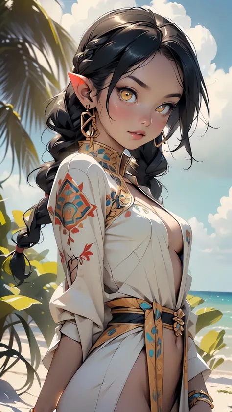 cute  elf,(((little ,tiny little body,little))),((())),((anime elf  with extremely cute and beautiful black hair)), (((elf,elf ears))),

((lesbian,yuri)),(((flat chest))),((((black hair:1.35,long braid black,colored inner hair,ear breathing)))),(((yellow_e...