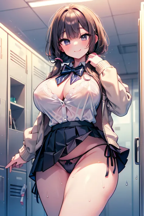 Anime illustration、High resolution、smile、A busty, chubby, lewd high school girl wears a hoodie over her dress shirt and shows off her bra and panties in the locker room to show off her sexual appeal.、Yuzuki Yukari、Bow ribbon tie、Navy blue mini skirt、Clothe...