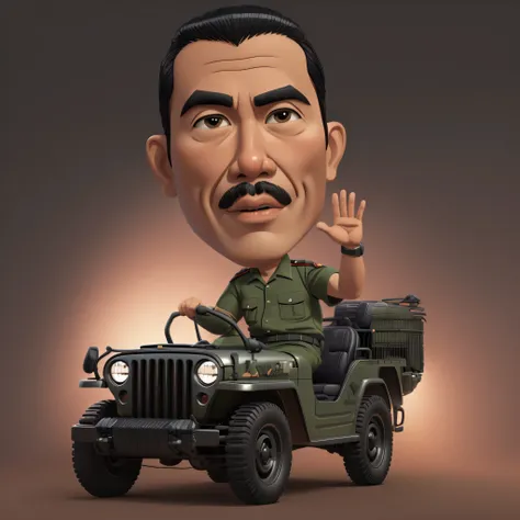 arafed man in Indonesian government employees uniform driving a black jeep with a hand up, caricature illustration, 3d, 3d, realistic cartoon, in cartoon style, fujita goro!, caricature style, inspired by Rudy Siswanto, jeep, caricature, chibi, inspired by...