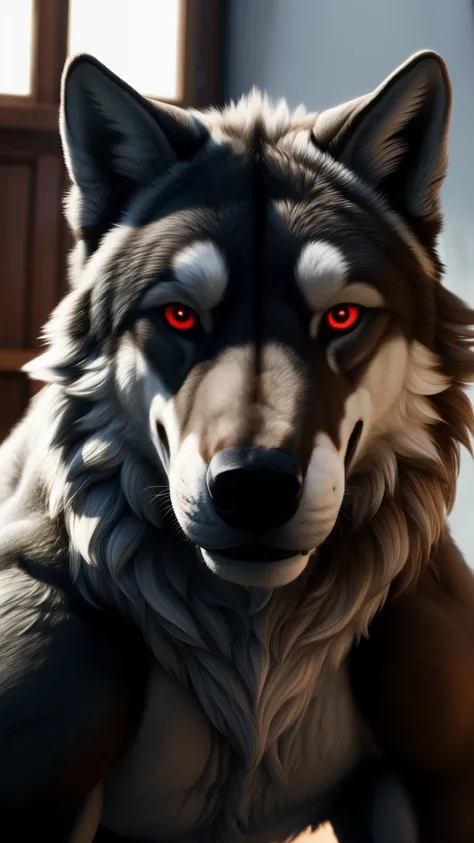 (best quality, 4k, highres, masterpiece:1.2), ultra-detailed, realistic:1.37, hot furry wolf and those beautiful and sensual red eyes, muscular is delicious at the same time looking at the viewer, sexy smile, what a bastard posing for the camera.