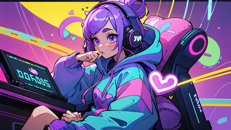 EDM、electronic sound、Headphones、pc、hoodie、Play music、Vibrant colors、Purple Hair、Dumpling、heart