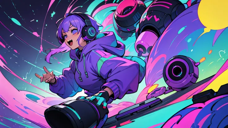 EDM、electronic sound、Headphones、pc、hoodie、Play music、Vibrant colors、Purple Hair