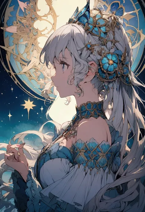 A woman looks at the sky with hope and sees a celestial cat anime version 