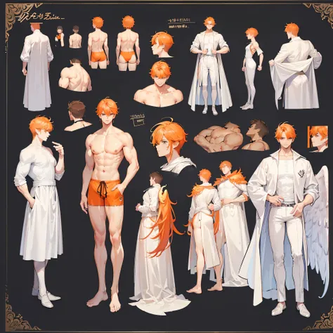 (Masterpiece, best quality), detailed, 1 man, ((character concept art)), ((character design sheet, same character, front, side, back)), full body, body complete, 1 Male angel, 1 Man angel, Detailed face, character design sheet，full bodyesbian, Highly detai...