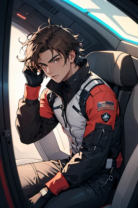 man, short brown messy hair, brown eyes, black futuristic outfit, red details, inside spaceship