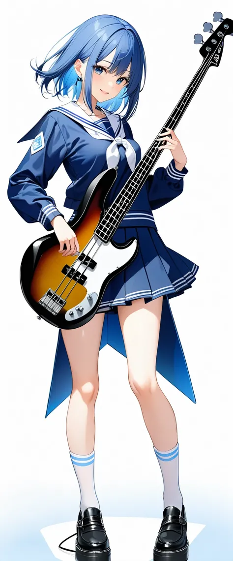 (((White background:1.5)))、(((The subject and the electric bass are fully in the frame.:1.5))),(((full body:1.2)))、(((masterpiece、Ultra HD、Highest quality、Masterpiece、8k:1.2)))、Slender body、A high school girl playing an electric bass、(Blue sailor suit) 、Bl...