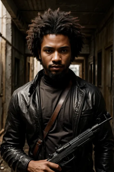 ((best quality)), ((Work of art)),((detailed)), man afro, black, young, short curly hair, serious look, short beard, , and holding a gun post-apocalypse