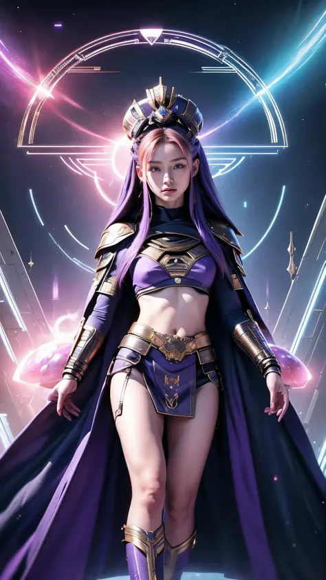 (1girl) inconceivable and spectacular an emergency scene of a cloud figure Sophie Turner in a 宇宙の cloud, Fractal nebula chain, Space Goddess,Embodying the Purple Ray of Courtesy, 8k、Photograph the whole body、、A goddess in purple armor with gold trim、White ...