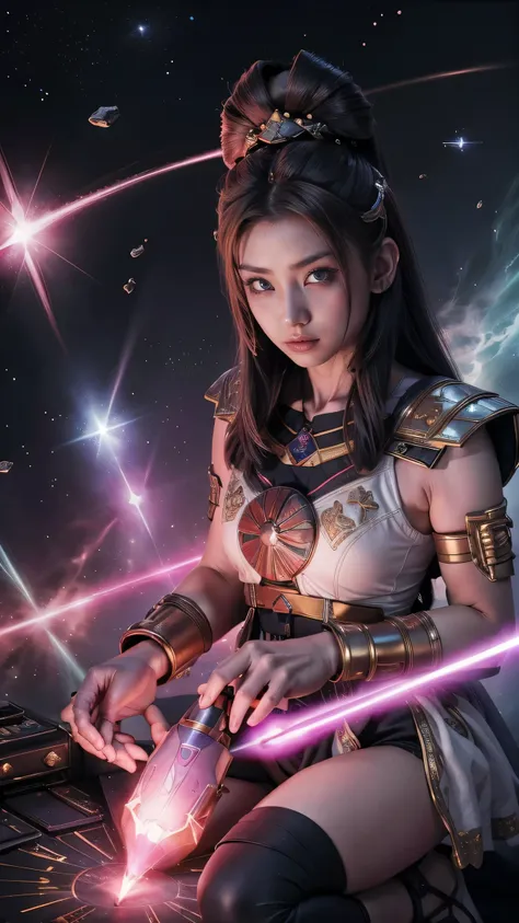 (1girl) inconceivable and spectacular an emergency scene of a cloud figure Sophie Turner in a 宇宙の cloud, Fractal nebula chain, Space Goddess,Embodying the Purple Ray of Courtesy, 8k、Black Hair、A goddess in purple armor with gold trim、White Skirt、White boot...