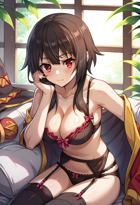 ,1girl, garter straps, garter belt, breasts, solo,  lingerie, thighhighs, bow, head rest, underwear, cleavage, large breasts, panties, hand on own face,megumin, short hair, black hair, red eyes, side locks, long locks