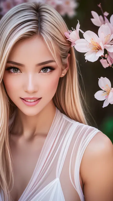 (CG unity 8k wallpaper extremely detailed) (Better Quality) (Better lighting) (an extremely delicate and beautiful) (floating) (beautiful) (Spring atmosphere) (One girl) (Long blonde hair), (hair band), (detailed and beautiful 黒い目), ((White and transparent...