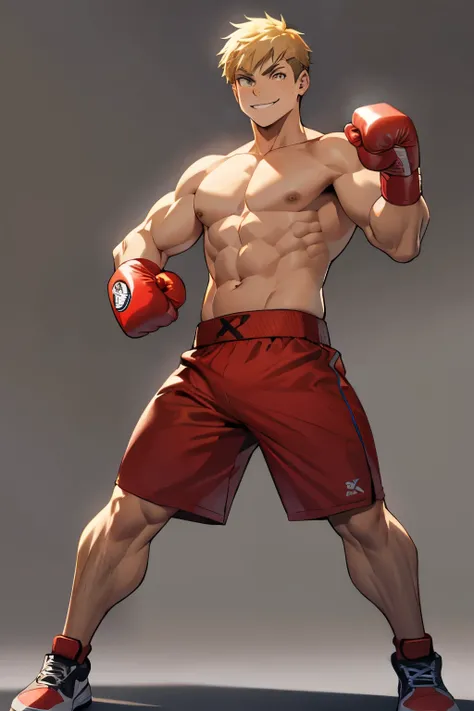 Young boxer boy, in boxing stance, muscular, big boxing glove, blond, shirtless, 2d concept art, smirk