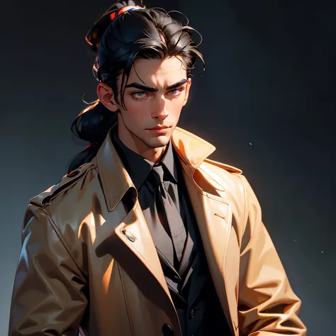 envision a 8k, highres, cinematic, detailed, semi realistic close up face pinup of a handsome Man, a slender muscular body, clean shaved, and sleek black hair, ponytail, brown eyes, Trench Coat, shirt, (((1boy))), in dark lighting, against a dark backgroun...