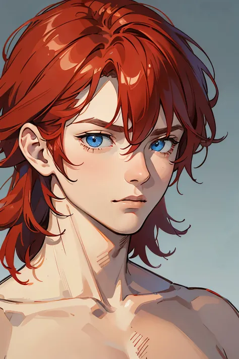 Headshot of young red head male, with short, messy hair, sharp yet nice deep blue eyes, a soft frown.