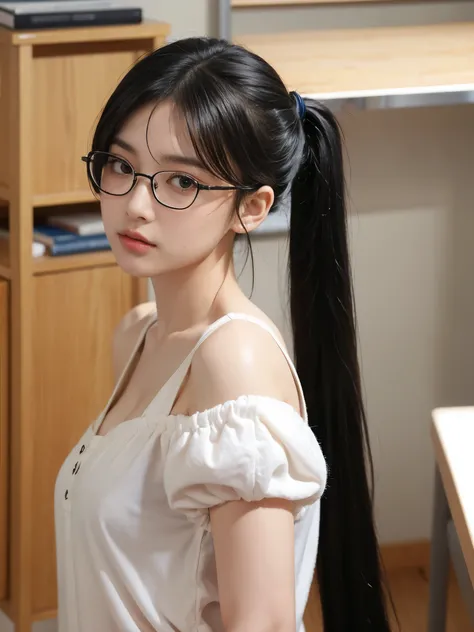 masterpiece,glasses, busty, school, Best quality at best, high qulity, OLGA_mary, black hair, twintail hair, hair between eye, (nude), Very long hair.