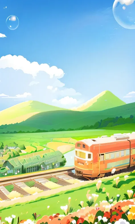 there is a train that is going down the tracks in the field, Detailed scenery —width 672, bubble landscape, stylized digital illustration, train station background, in a scenic background, countryside city scene, On a sunny day, Anime rural scenery, landsc...